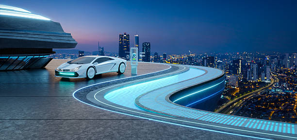 Futuristic white electric car charging on a city rooftop at dusk. 3d rendering
