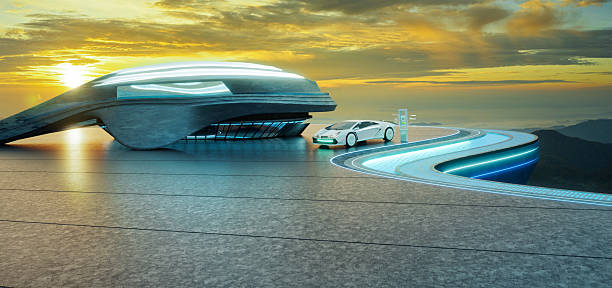 istock 3d Rendering Futuristic Car on Rooftop at Sunset 2244912741