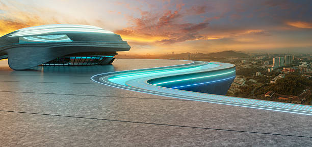istock 3d rendering futuristic building with neon lights overlooking modern city at sunset 2244912834