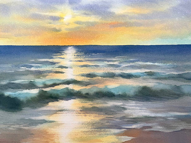 istock Autumn sunset by the sea watercolor background 2244913440