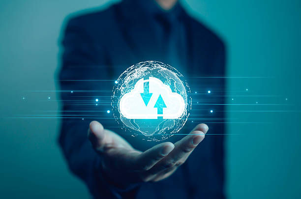 istock Businessman holding digital cloud with upload and download icons, concept of cloud computing, data transfer, storage, and cybersecurity for digital transformation and modern business technology. 2244914463