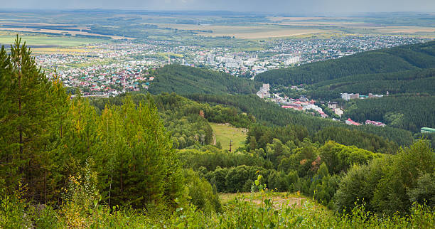 Belokurikha panoramic landscape. Aerial view of the city taken at from Mount Tserkovka. Altai, Russia