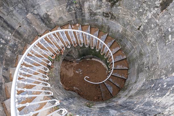 View Down an Spiral Staircase with White Iron Railing, leading to the Sand of Karraspio Beach in Lekeitio, Basque Coast