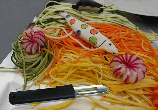 Preparation for vegetarian cooking:  Assorted raw vegetable peelings