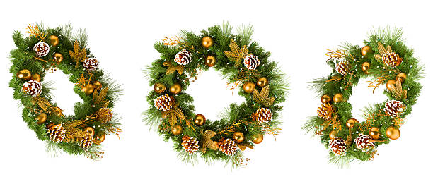 istock Christmas wreath set with gold ornaments and pine cones isolated on white 3D render 2244925128