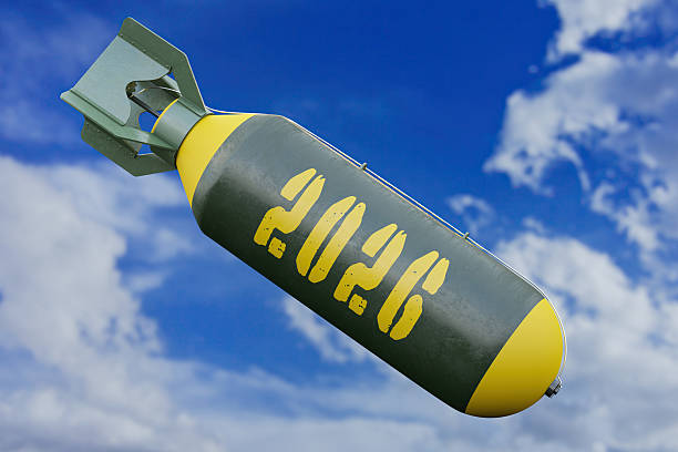 Military Bomb with the Year 2026 Written on it Falling from Sky. 3D Render