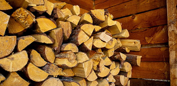 istock Stacked firewood arranged neatly inside a rustic wooden shed ready for winter collection and use in the cold season 2244934303