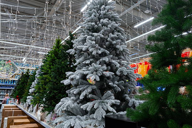 istock Christmas trees displayed in a store with festive decorations and bright lights during the holiday season 2244934756