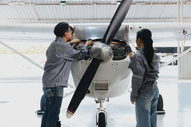istock Two students perform maintenance on a small aircraft in an aviation workshop during the afternoon hours 2244935763