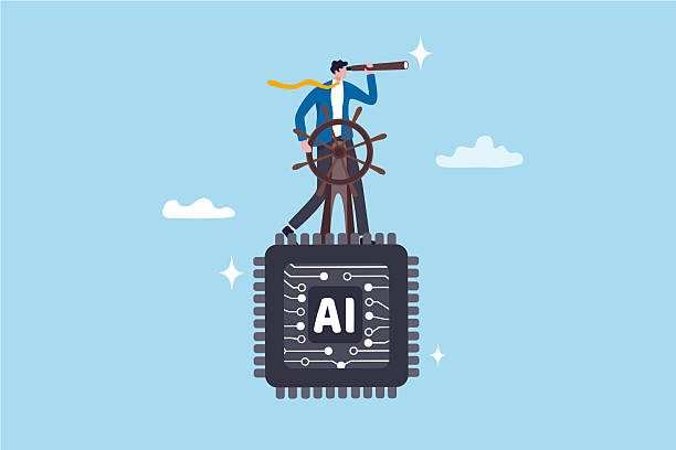 Future of AI Artificial Intelligence, control direction or innovation, governance of information AI usage, implementation and automation system, businessman control AI chip to the right direction. Future of AI Artificial Intelligence, control direction or innovation, governance of information AI usage, implementation and automation system, businessman control AI chip to the right direction. anticipation stock illustrations