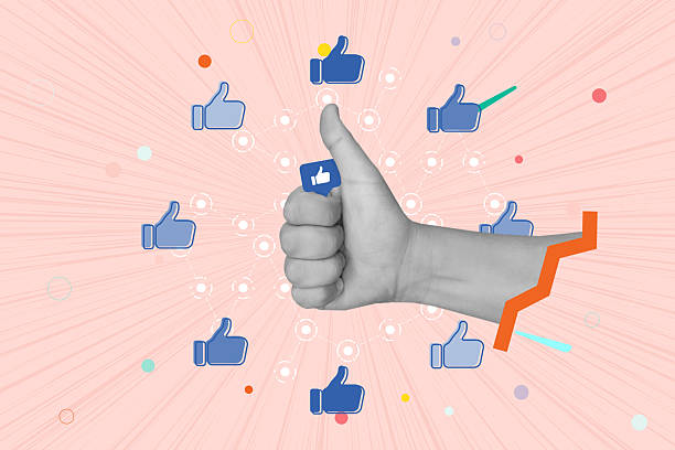 istock Creative art collage featuring a thumbs up hand gesture surrounded by floating blue like buttons and icons on a background. Concept social media engagement and positive feedback. 2244946184