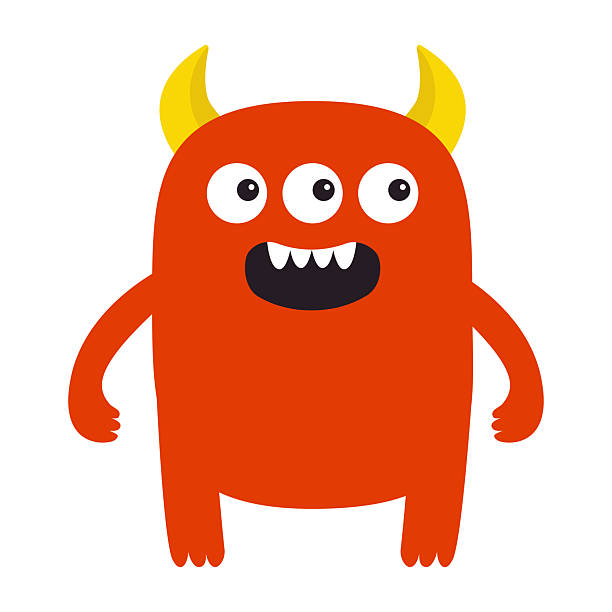 istock Red monster standing. Happy Halloween. Cute monsters silhouette icon. Three eyes, fang teeth, yellow horns. Cartoon kawaii funny baby character. Childish style. Flat design. Isolated. White background 2244946225