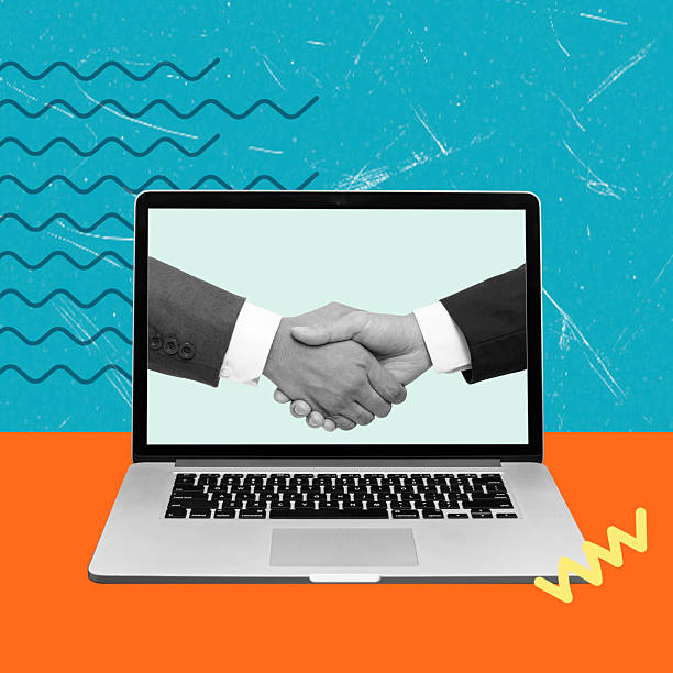 istock Art collage, Online partnership handshake symbolizes collaboration in digital business during remote work era 2244947211