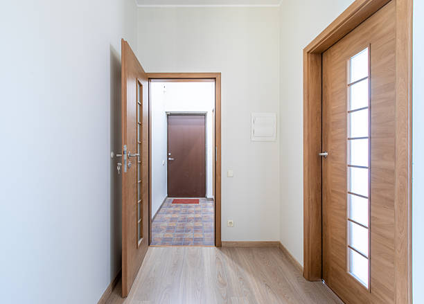 istock Modern Interior Hallway with Wooden Doors and Bright White Walls 2244947226