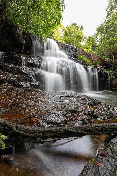 Waterfall Serenity: A multi-tiered waterfall cascades gracefully over ancient rocks, creating a mesmerizing scene of natural beauty and tranquility amidst a lush forest landscape.