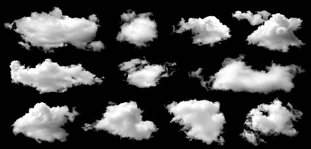 istock Set of twelve realistic white fluffy clouds isolated on black background, perfect for sky design, weather illustration, photo compositing, digital art, and 3D rendering enhancement. 2244957242