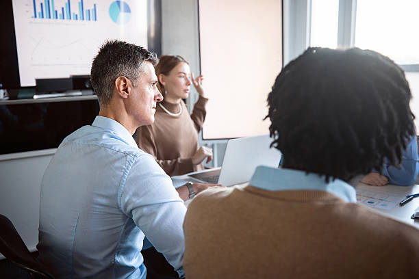 istock Multicultural Team Collaborating While Data and Pie Charts are Displayed on a TV Screen in a Bright, Modern Office 2244958119