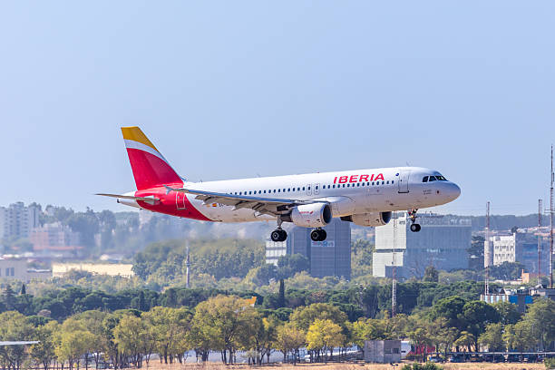 Madrid, Spain - October 07, 2025: An Iberia plane taking off from Adolfo Suarez Madrid Barajas Airport in Madrid, Spain.