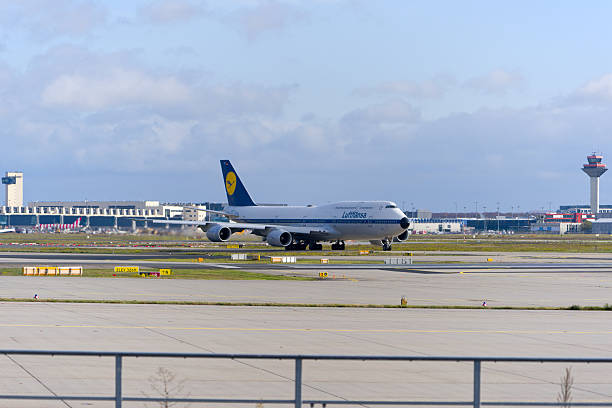 Lufthansa airplane type Boeing 747-830 registration D-ABYT taxiing to runway on an autumn day. Photo taken November 3rd, 2025, Frankfurt am Main, Germany.
