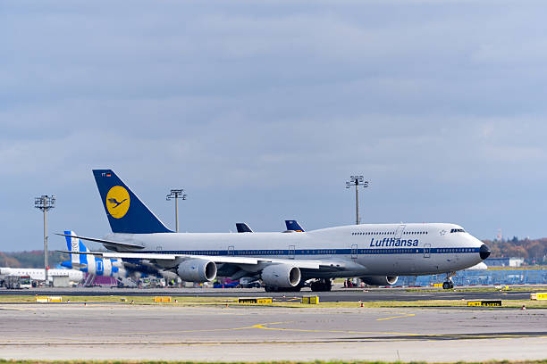 Lufthansa airplane type Boeing 747-830 registration D-ABYT taxiing to runway on an autumn day. Photo taken November 3rd, 2025, Frankfurt am Main, Germany.
