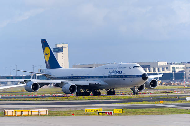 Lufthansa airplane type Boeing 747-830 registration D-ABYT taxiing to runway on an autumn day. Photo taken November 3rd, 2025, Frankfurt am Main, Germany.