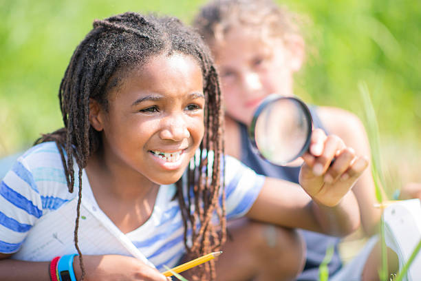 istock Outdoor Science Activity With Curious Girls Exploring Nature Using Magnifying Glass 2244988431