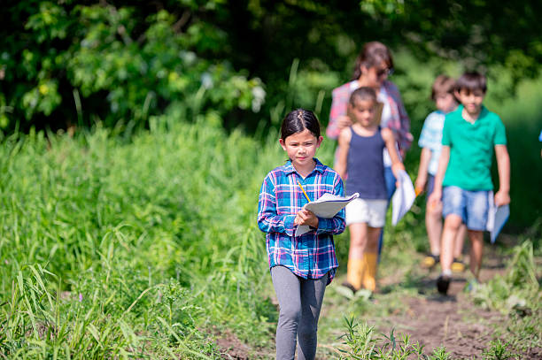 istock Young Girl Leading Outdoor Field Study Group, With Friends Exploring Nature and Taking Notes 2244988447