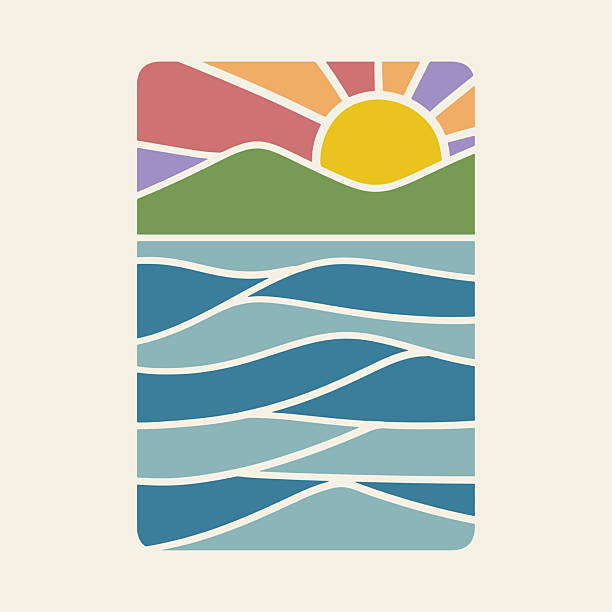 Abstract Minimalist Sunrise Ocean Landscape Art. ​Retro Style Colorful Sea and Sunset Illustration. ​Summer Beach and Waves Vector Graphic. Abstract Sun, Hills, and Ocean Waves Graphic