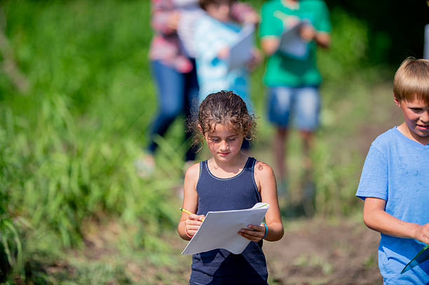 istock Young Girl Writing in Notebook Outdoors While Other Children Learn Nearby 2244996107
