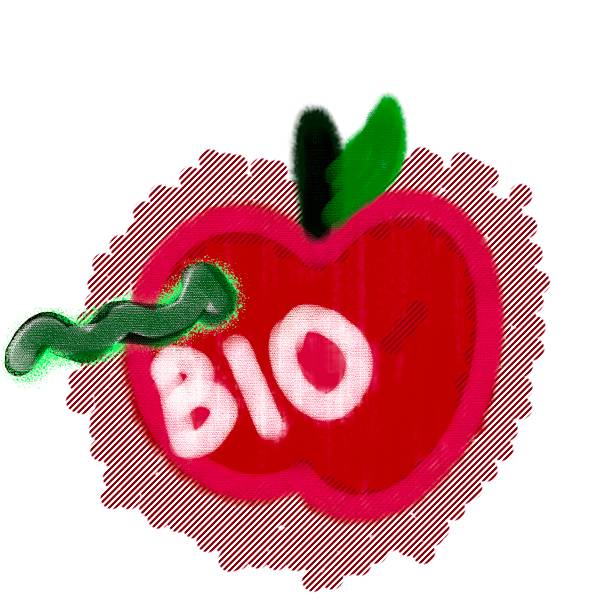 simple, brightly colored digital drawing of a red apple with a green worm, featuring the white text \