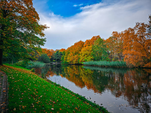 istock Autumn landscape with river, reflective trees in orange and green under a blue sky, view in autumn of the city moat in the ramparts of 28195 Bremen, Germany 2245000165