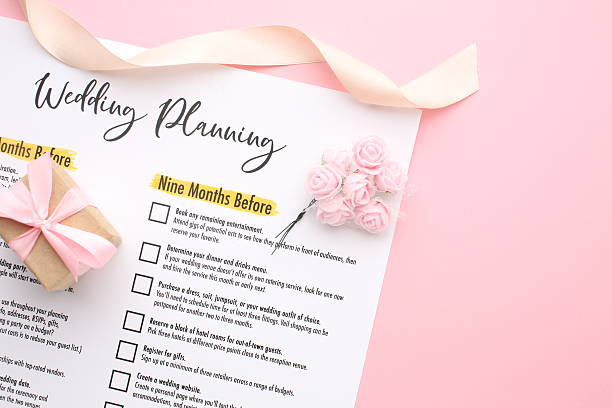 istock Wedding to-do list top view. Gift boxes, wedding planning calendar and various wedding trivia on a pink rustic table. Background for organising the commemorative date 2245000886