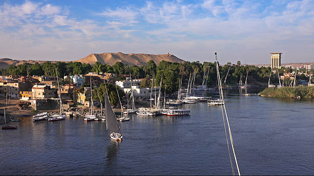 Beautiful landscape with felucca boats on Nile river in Aswan at sunset, Egypt, timelapse