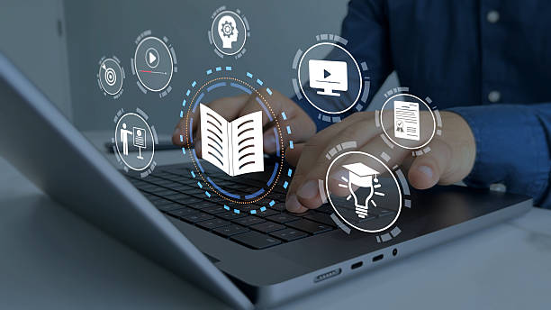 istock Man who attends online lessons on a digital technology screen.Digital internet lessons and online webinar on virtual screen.E-learning education.Education internet Technology. 2245003440