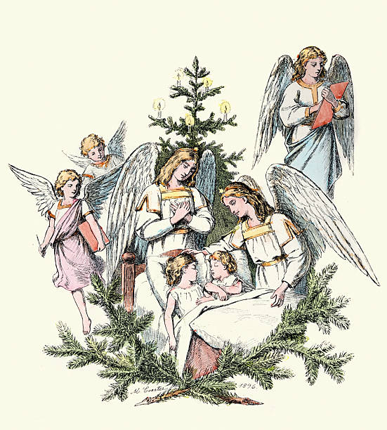 Angels watching over sleeping children, writing the good Christmas list, Victorian, 19th Century, Vintage illustration 1890s