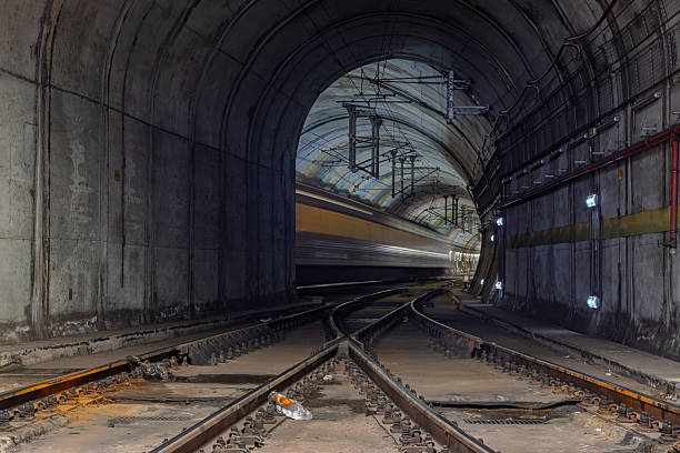A train blurs through the dark, arched tunnel of Rossio Train Station, creating a sense of speed as it passes the track junction.
