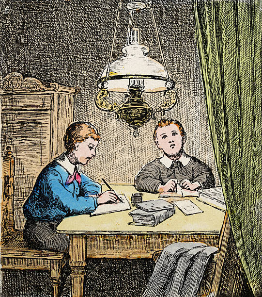 History education, Schoolboys doing homework, writing essay, Victorian,  19th Century, Vintage illustration 1890s