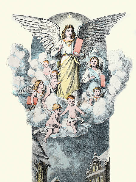 The divine teacher, Angel surrounded by cupids floating on a cloud, Victorian,  19th Century, Vintage illustration 1890s