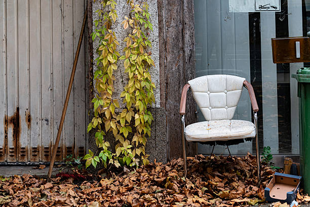 An abandoned chair sits next to a wooden post, covered in colorful autumn leaves. The surrounding area shows signs of urban decay, highlighting the contrast between nature and city life.
