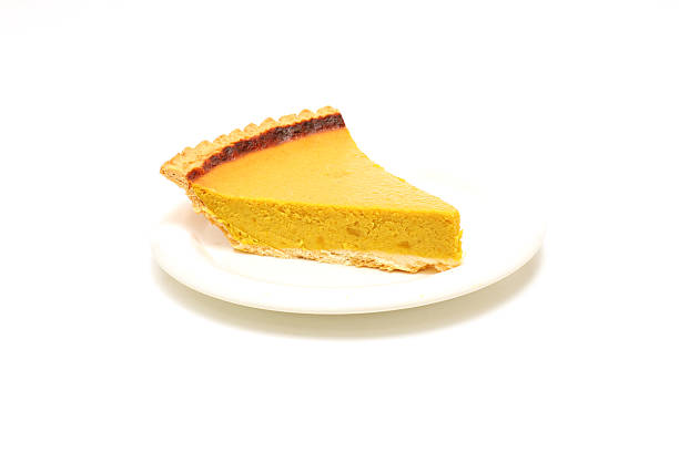 Piece of Pumpkin pie on a plate isolated on a white background.