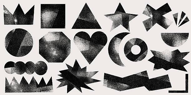 Set of black grunge postage stamp shapes with linocut and ink roller texture. Handcrafted letterpress geometric forms like heart, crown, and star. Rough detailed vintage linocut texture vector design.