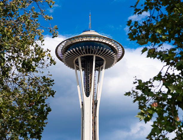 Seattle, Washington, USA - July 26, 2024: Space Needle observation tower. Seattle architectural landmark. Architecture of Space needle. Tower architecture landmark. Modernist tower design.