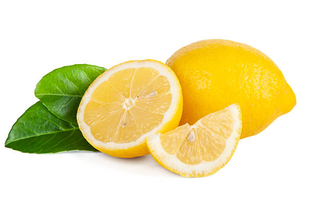 Whole Lemon fruit with half and slice and leaves isolated on white background