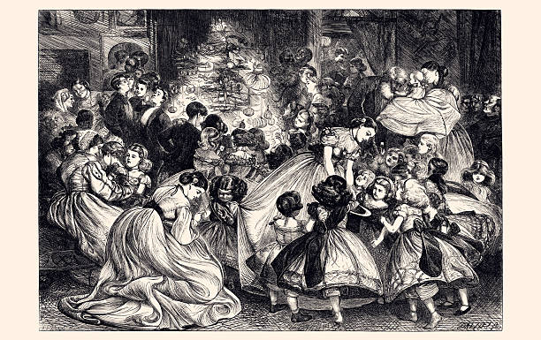 This is a charming black-and-white engraving  depicting a lively Victorian-era children's Christmas celebration in what appears to be an elegant home parlor. ►The scene centers on a decorated Christmas tree adorned with candles, ornaments, and hanging treats, surrounded by excited girls in elaborate crinoline dresses, bonnets, and bows—typical mid-19th-century fashion for young ladies from affluent families. ►The children are joyfully reaching up or being lifted by adults to pick gifts, toys, or sweets from the tree branches, a popular German-influenced tradition that had spread to Britain and America by the 1860s (thanks in part to Queen Victoria and Prince Albert). ►Adults in formal attire (men in suits, women in full gowns) supervise or assist, creating a chaotic yet festive atmosphere of wonder and indulgence. ► Etching by A.B Houghton From Illustrated London News 1865. Digital restoration by Pictore. Authentic illustration free of AI