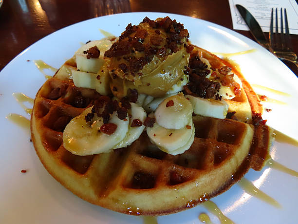 Belgian Waffle with Peanut Butter, Bananas and Bacon. \