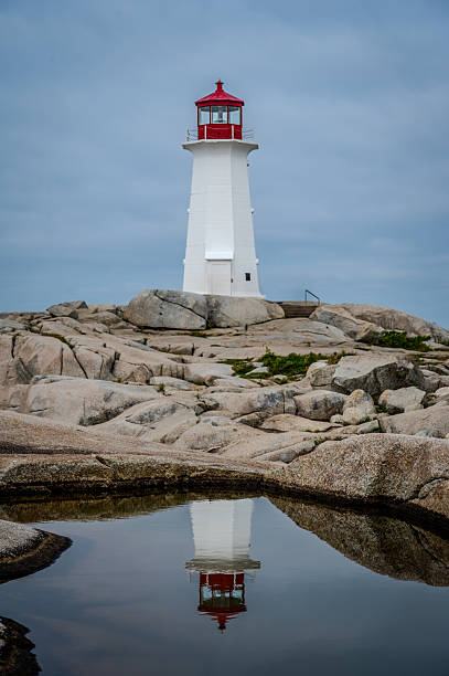 Peggy’s Cove Lighthouse reflected in rock pool on cloudy day, Nova Scotia Canada