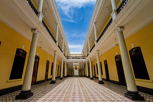 Chiclayo, Peru - January 5, 2024: Colonial-style courtyard inside the Municipality of Chiclayo, Peru
