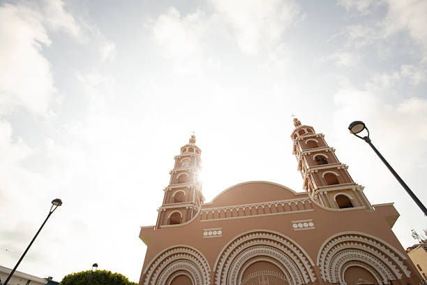 Morning light shines on a beautiful cathedral in central Acayucan, Veracruz, Mexico.