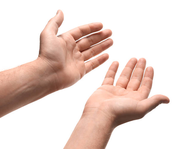 istock Religion. Man with open palms praying on white background, closeup 2245059877