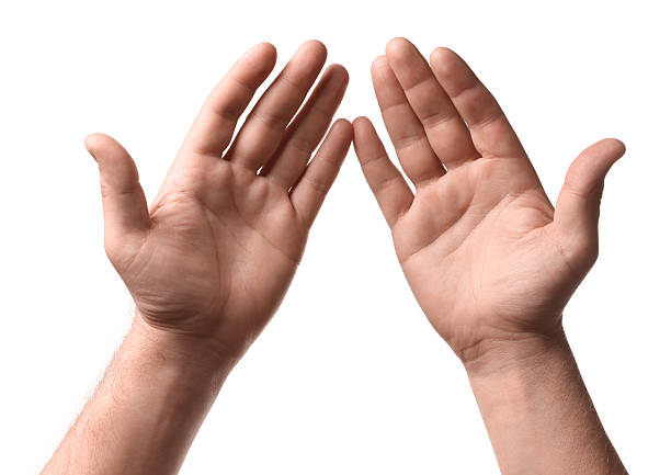 istock Religion. Man with open palms praying on white background, closeup 2245059884